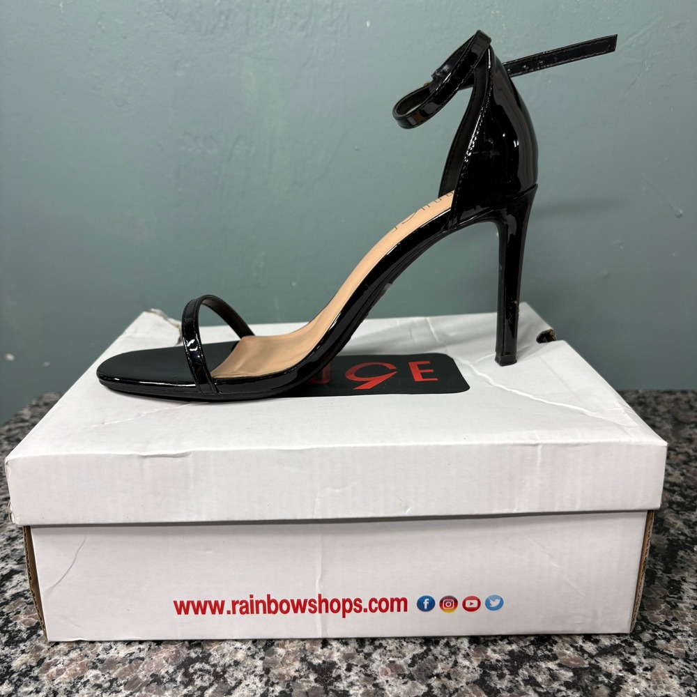 Rouge Helium Women Black Patent Ankle Strap Stiletto Sandals Size 8 Heel 4 Inch